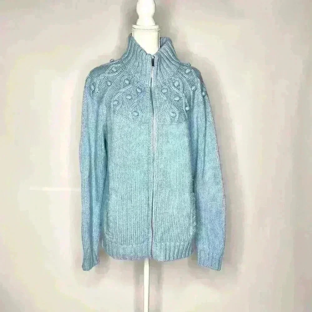 Lands End Light Blue Knit Zip Up Sweater/Cardigan size XL